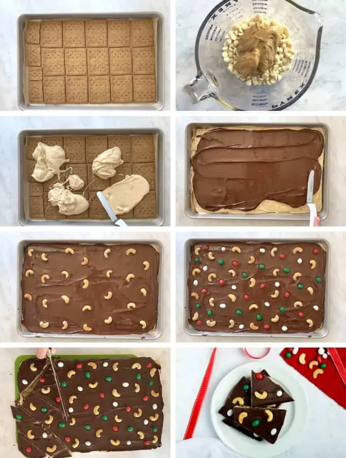 Steps of making cashew chocolate bark in 8 images
