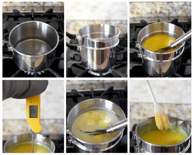 Six photos showing steps to make meyer lemon curd over double boiler