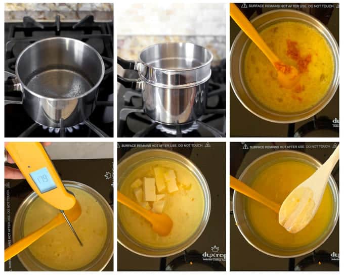 Collage of 6 photos showing steps of how to make orange curd