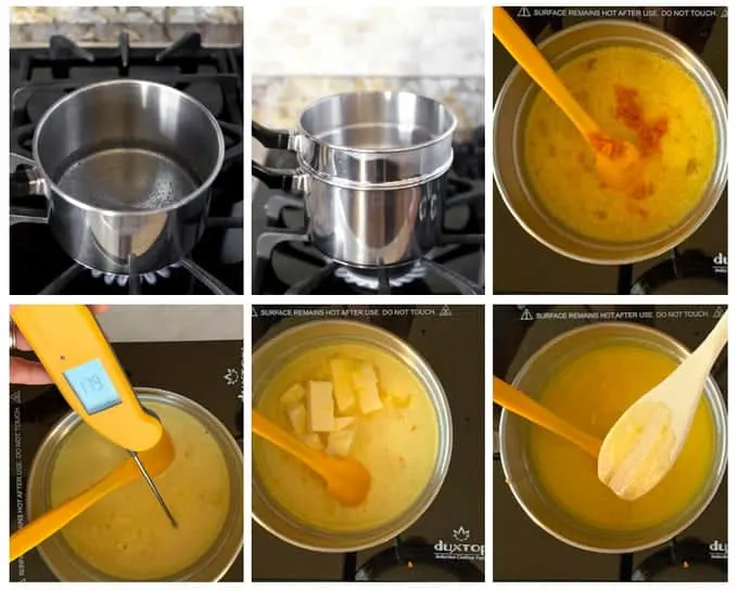 Collage of 6 photos showing steps of how to make orange curd