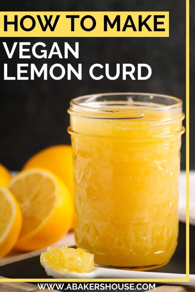 Pinterest image of vegan lemon curd on dark background with lemon slices
