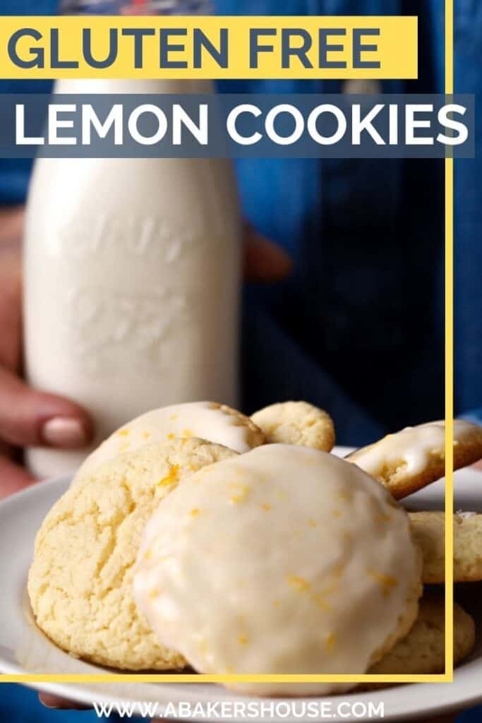 Pinterest image of bottle of milk and plate of iced lemon cookies