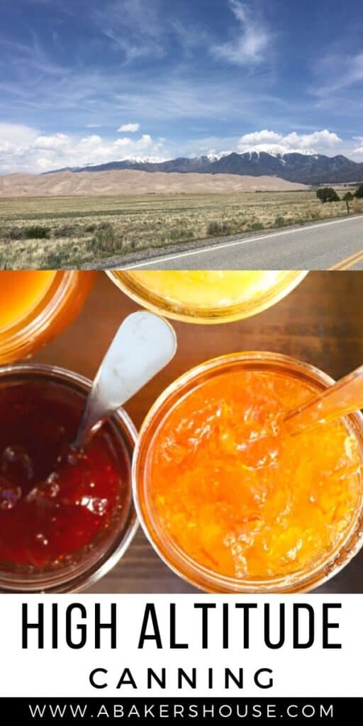 Two images of mountains and jars of jam for high altitude canning