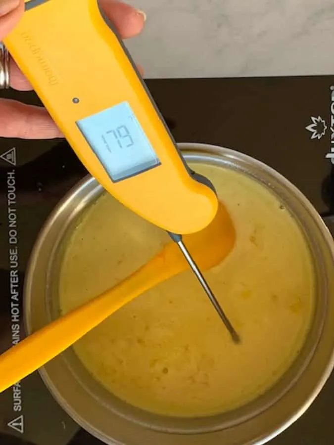 Orange curd with thermoworks thermometer testing for doneness