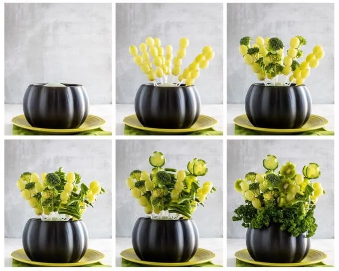 Step by step photos showing how to make edible fruit and vegetable arrangement for St Patricks Day