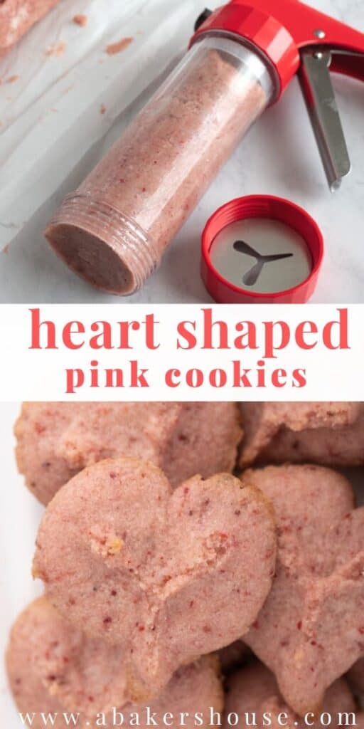 two photos for spritz cookies making heart pink cookies