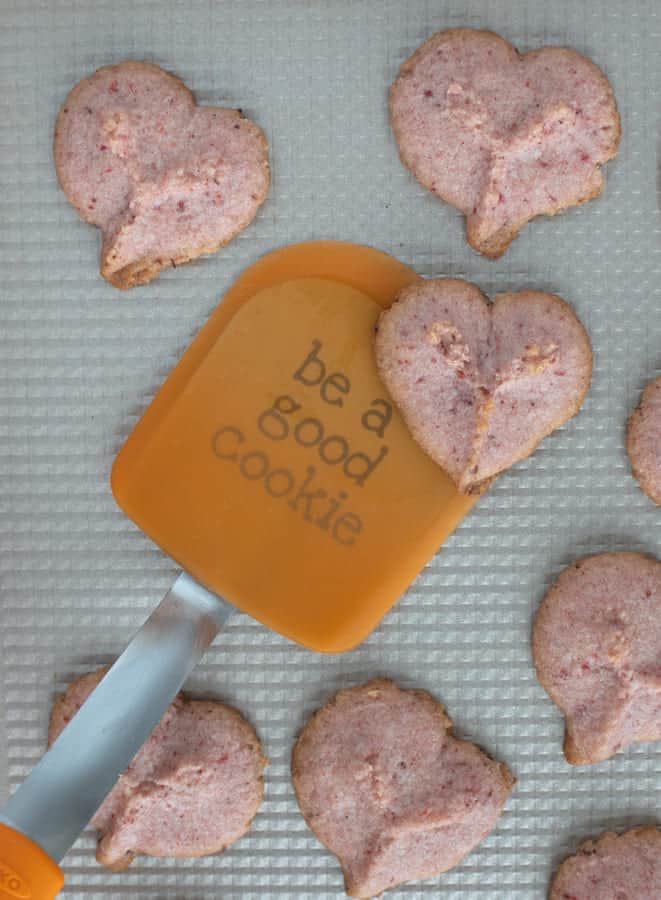Orange spatula Be a Good Cookie with heart cookies
