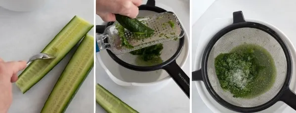 three photos showing how to grate cucumber