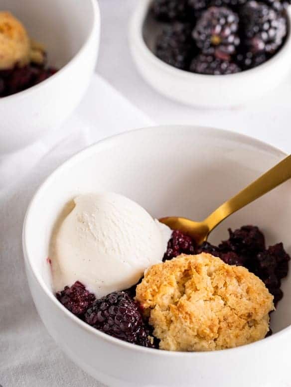 blackberry vegan cobbler in white bowl with gold spoon