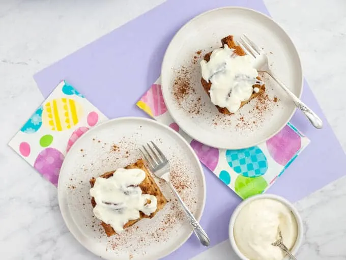 Easter tablescape with two squares of french toast bake with cream cheese icing