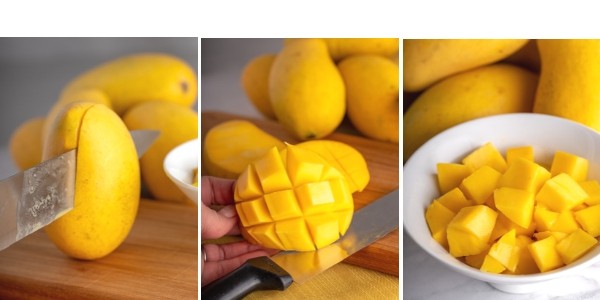 three photos showing steps to cut and dice mango