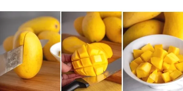 three photos showing steps to cut and dice mango