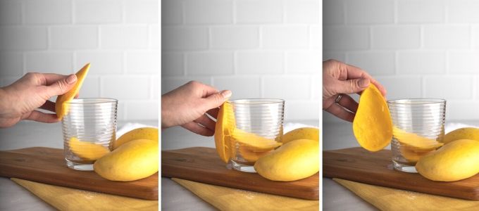 three photos showing how to cut mango with a glass