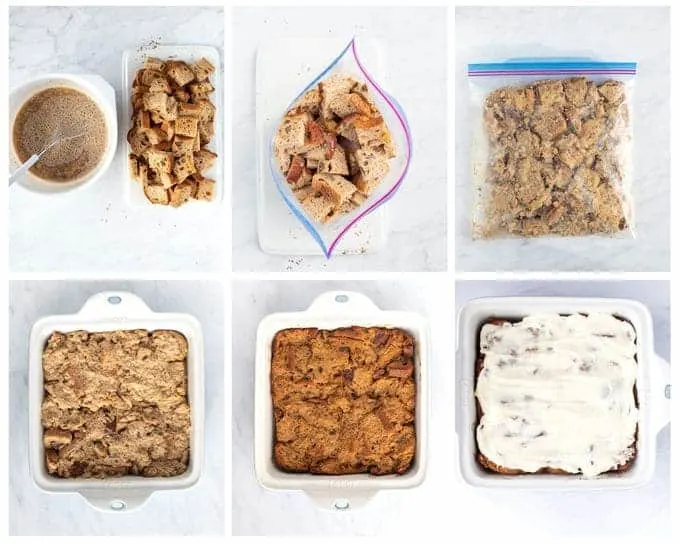 Six photos showing steps to make french toast bake