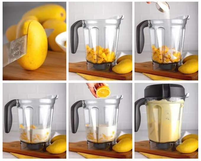 steps showing how to make mango gelato with vitamix blender