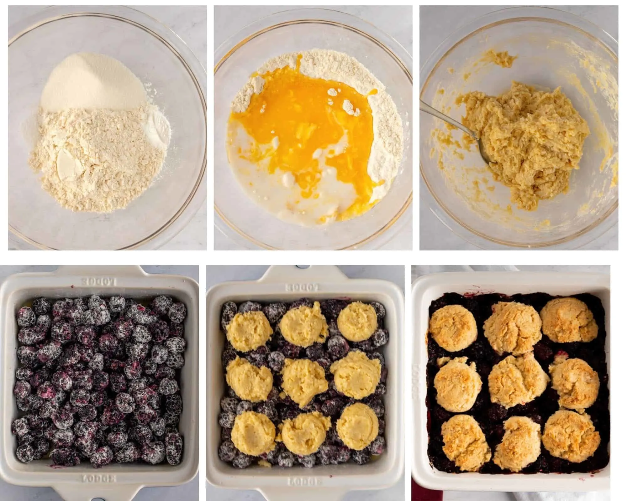 Photos showing steps to make vegan blackberry cobbler