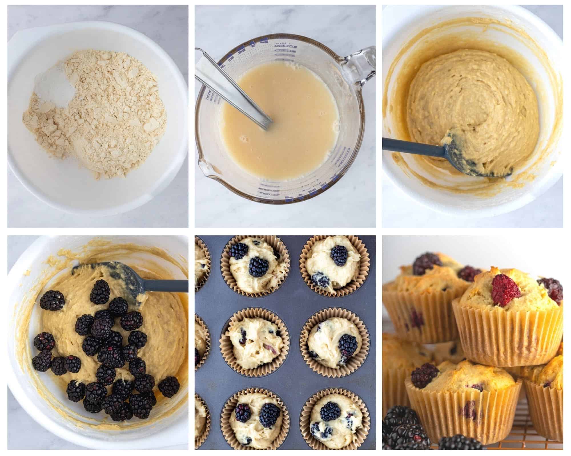 step by step photos showing how to make blackberry muffins