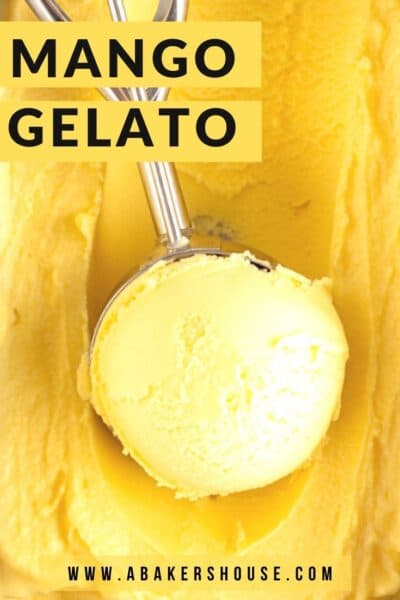 Image of mango gelato in ice cream scoop with text overlay