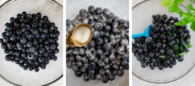Three photos showing steps to macerate blueberries with sugar and basil