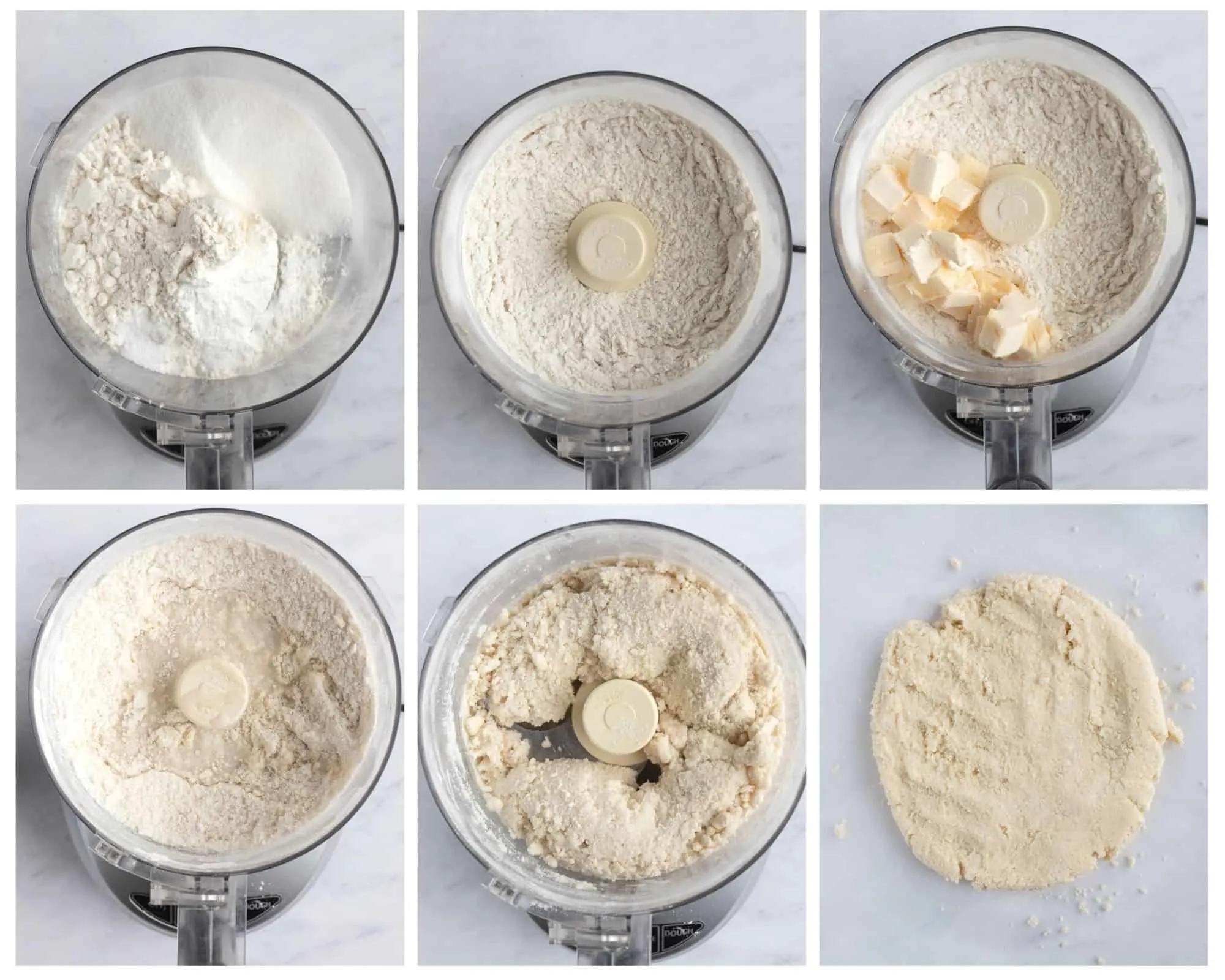 six photos with steps to make vegan biscuits in food processor