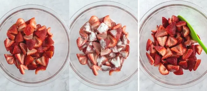 three photos showing steps to macerate strawberries