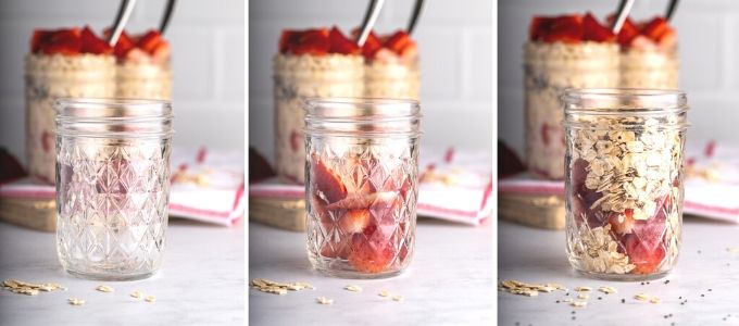 three photos step by step how to make overnight oats in a mason jar