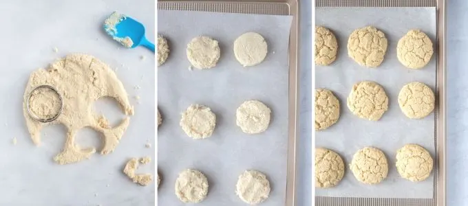 three photos showing steps to form vegan biscuits