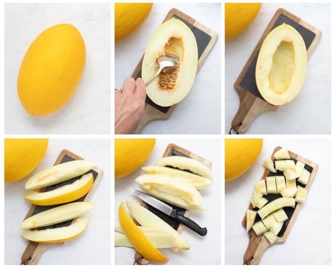 Six photos showing steps to cut a yellow canary melon and remove seeds
