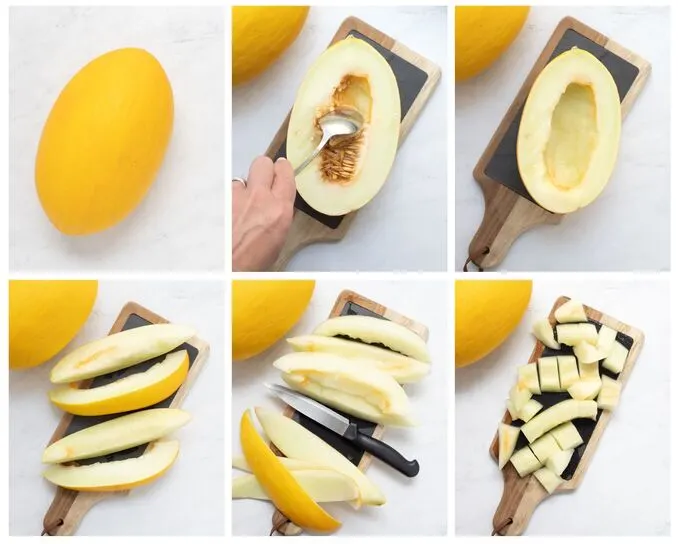 Six photos showing steps to cut a yellow canary melon and remove seeds