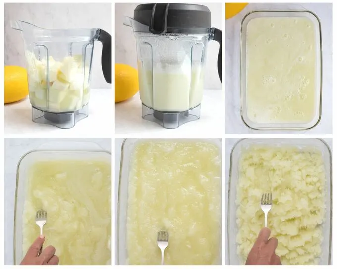 Six images showing steps to make granita with a high speed blender