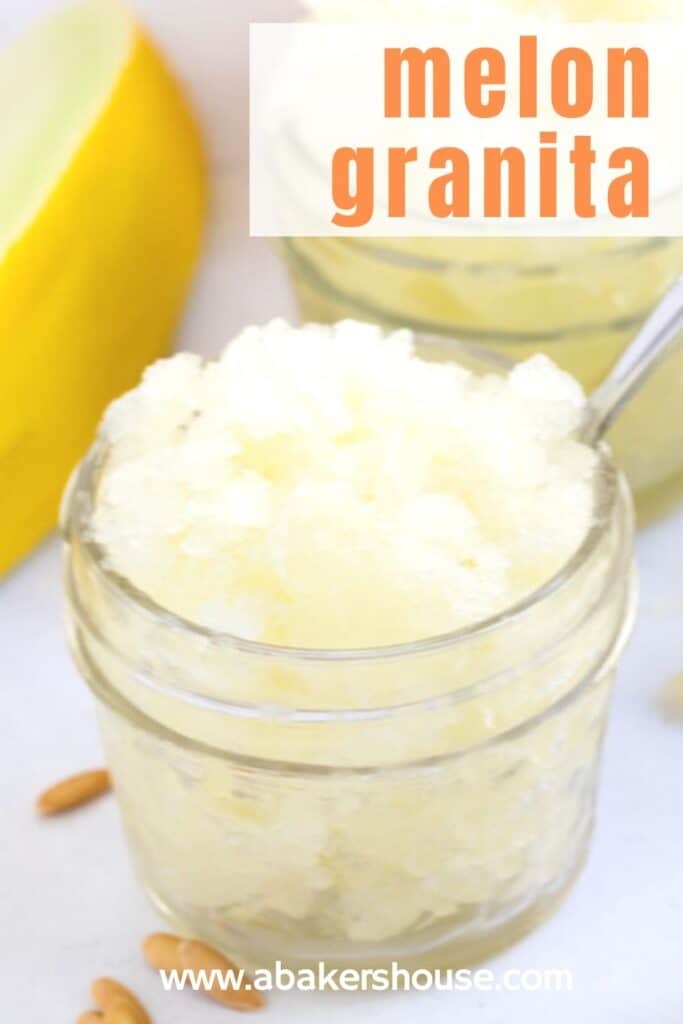 Pinterest image with text overlay for mason jar of white granita with silver spoon