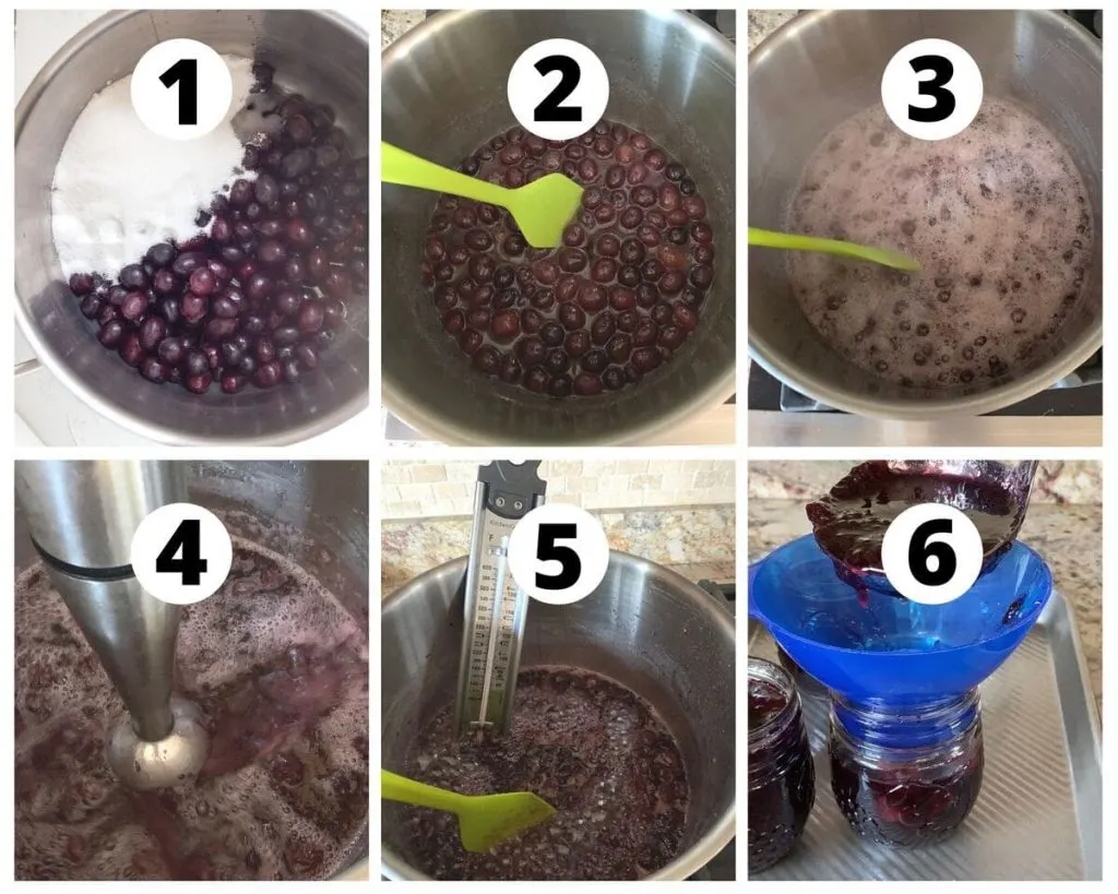 Six images showing step by step process to make grape jam