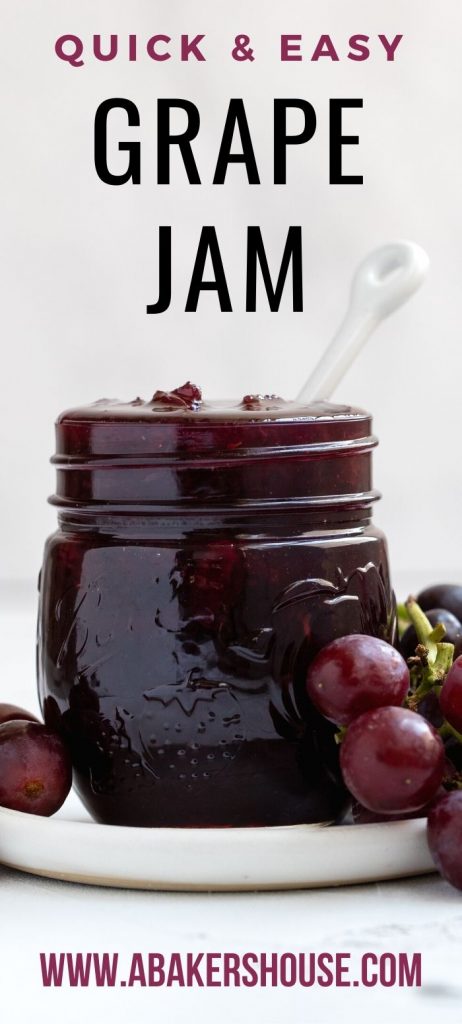 Close up of jar of grape jam with fresh grapes on plate