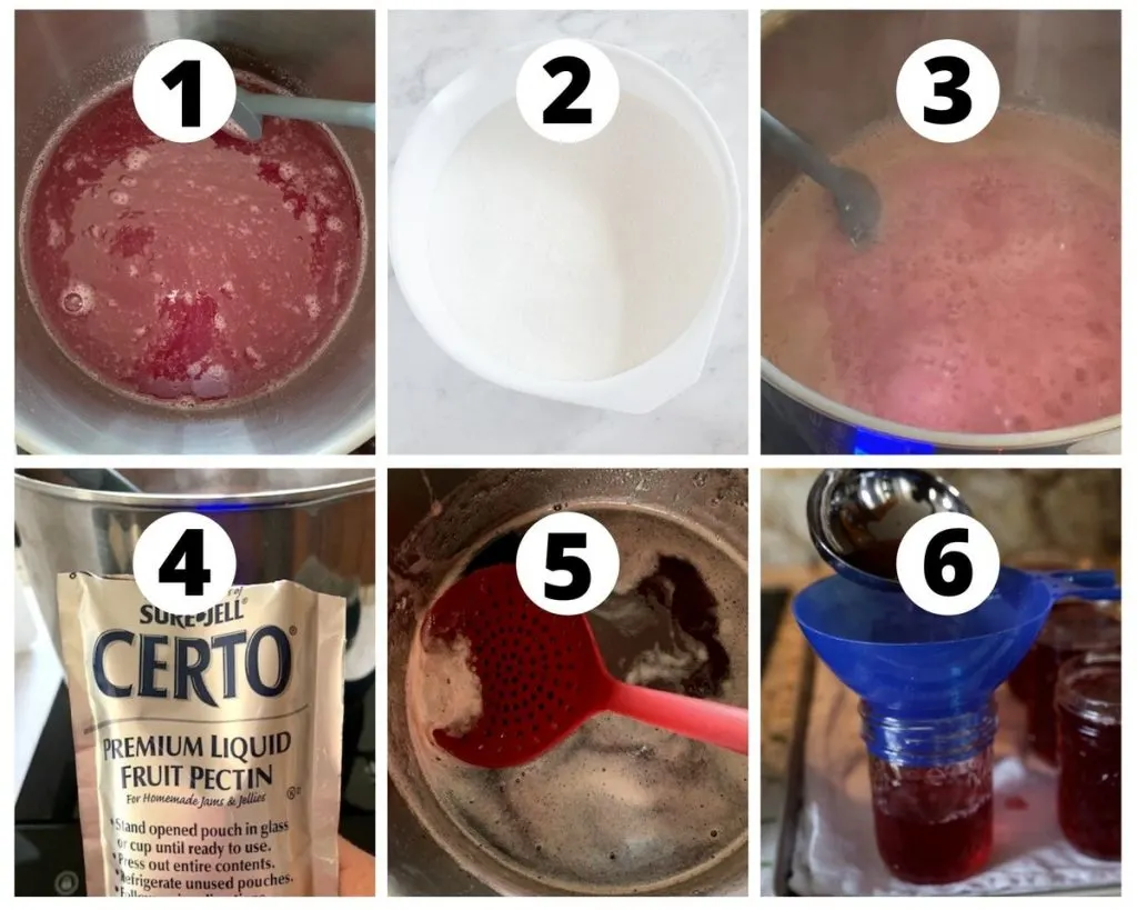 Six photos showing steps to make grape jelly from scratch