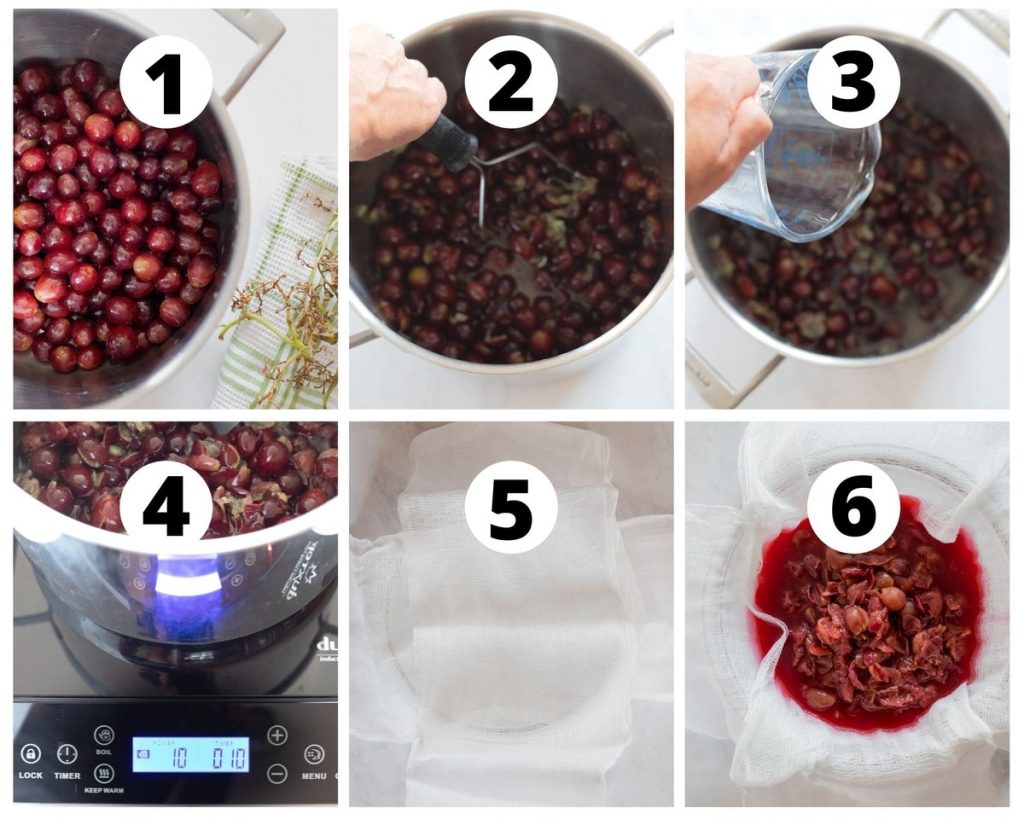 Six photos showing steps of how to make grape juice 