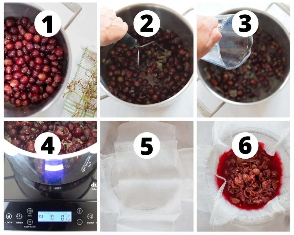 Six photos showing steps of how to make grape juice