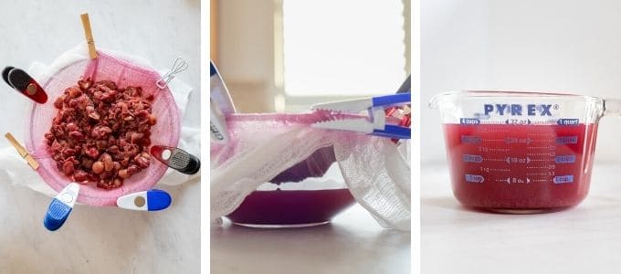 Three photos showing steps to use cheesecloth to strain grapes into grape juice.
