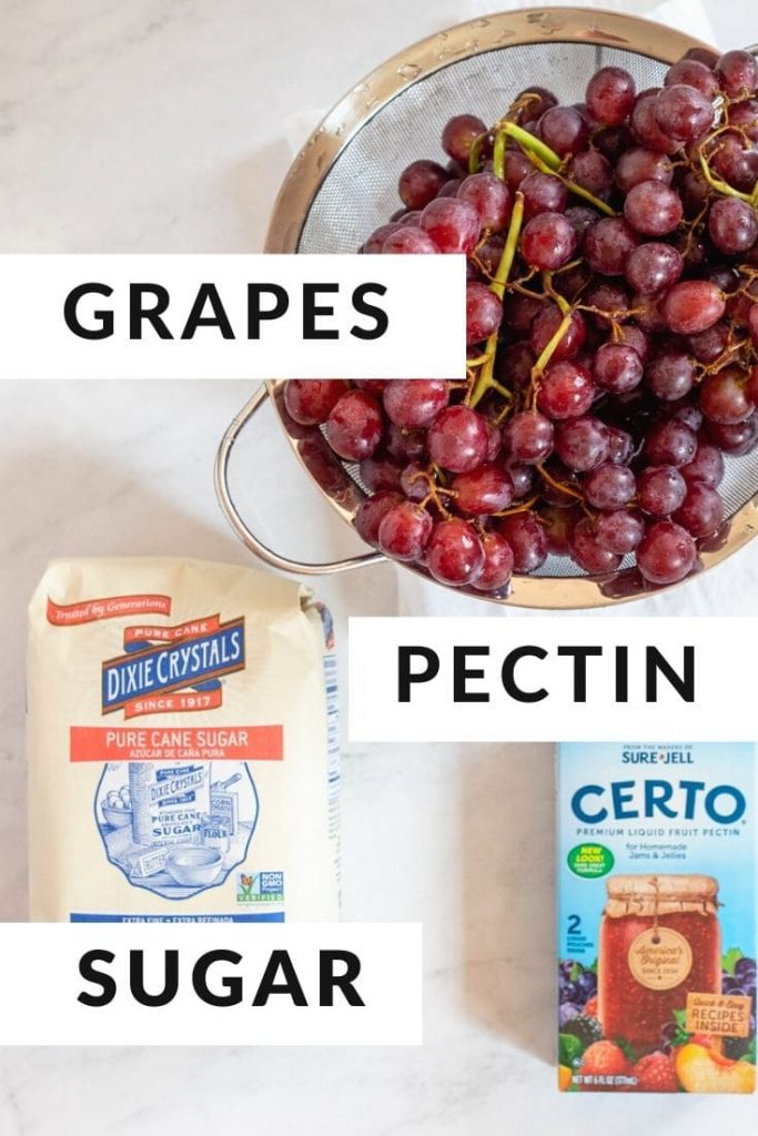 Three ingredients to make grape jelly of grapes, sugar, and liquid pectin