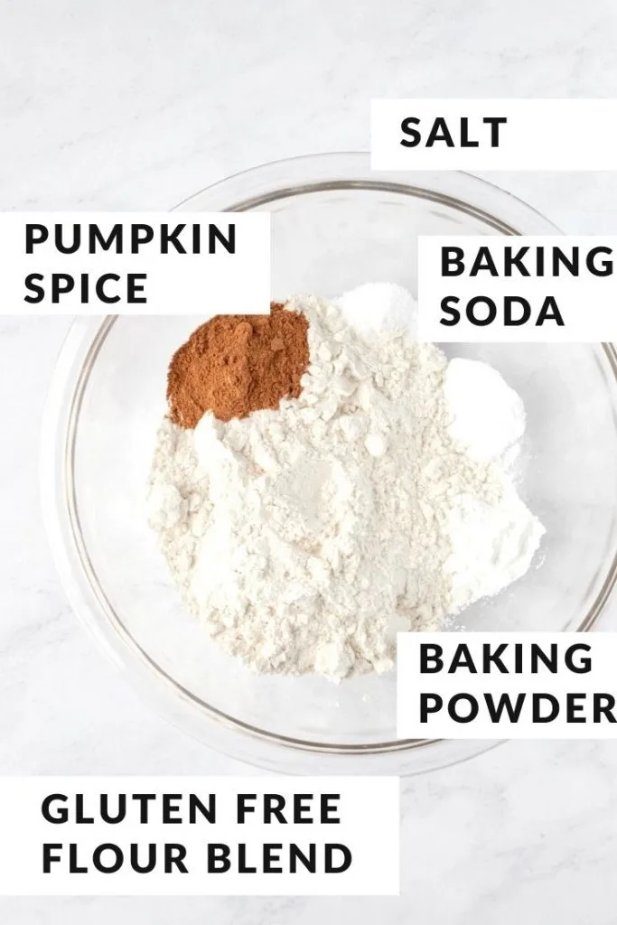 dry ingredients for pumpkin bread in a bowl with text labels