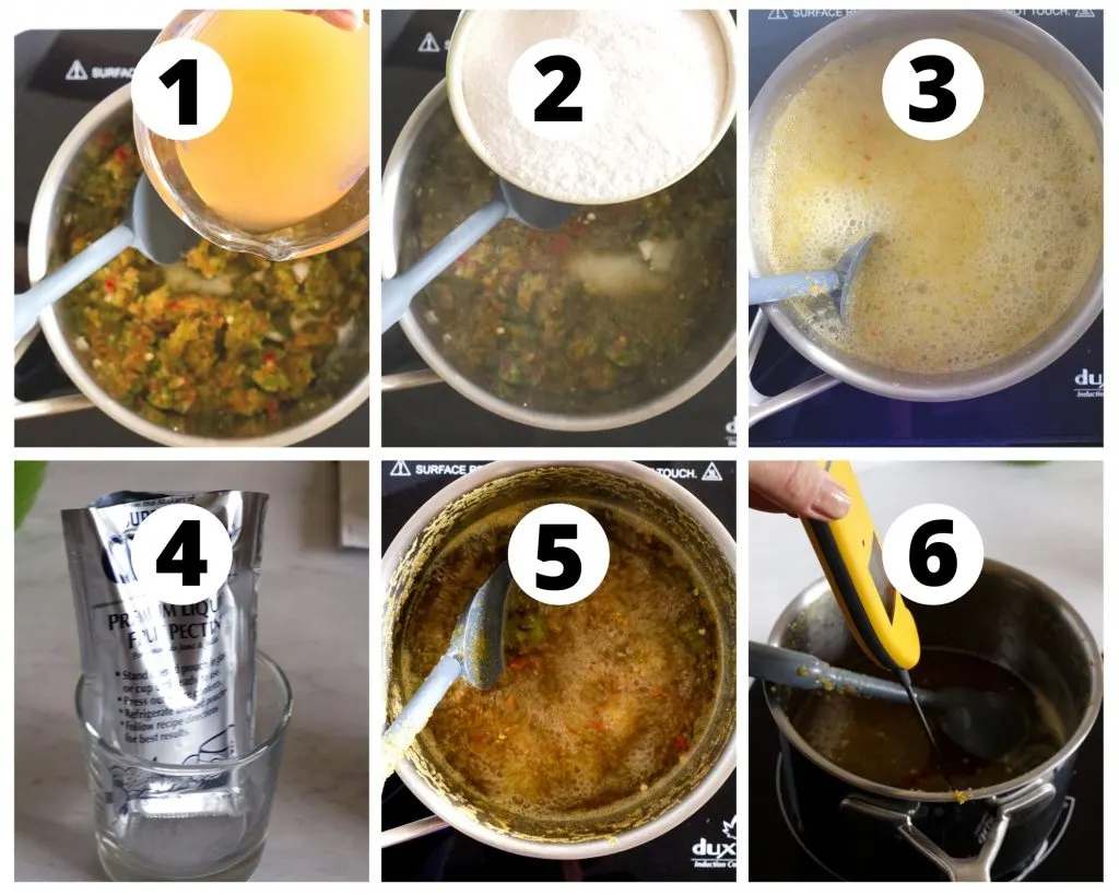 Six photos showing steps to cook hot pepper jelly in saucepan