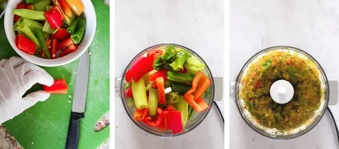 Three photos showing steps to cut hot peppers and onions for hot pepper jelly.