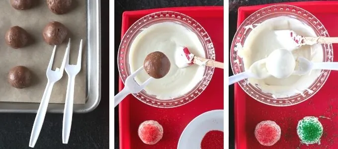 three photos showing steps to dip truffles in melted chocolate