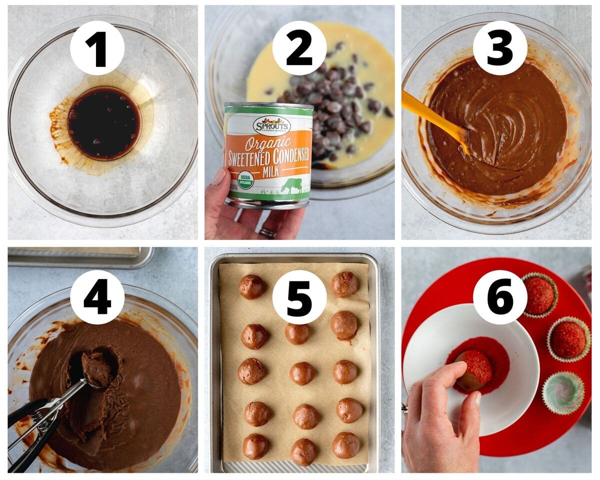 Six photos showing steps to make mocha truffles