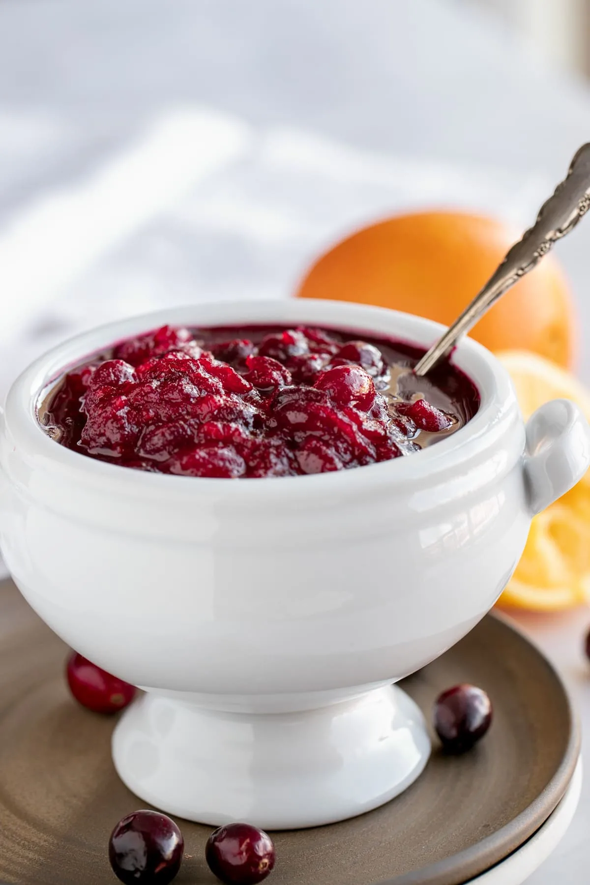 white bowl filled with fresh cranberry orange sauce
