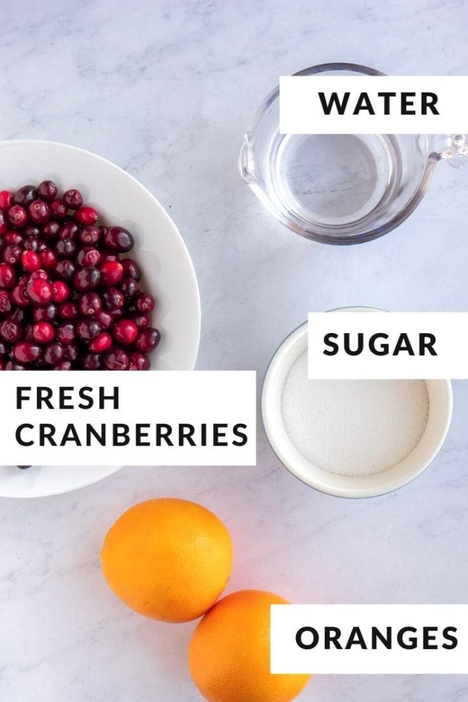 ingredients for cranberry sauce including cranberries, sugar, water, and oranges