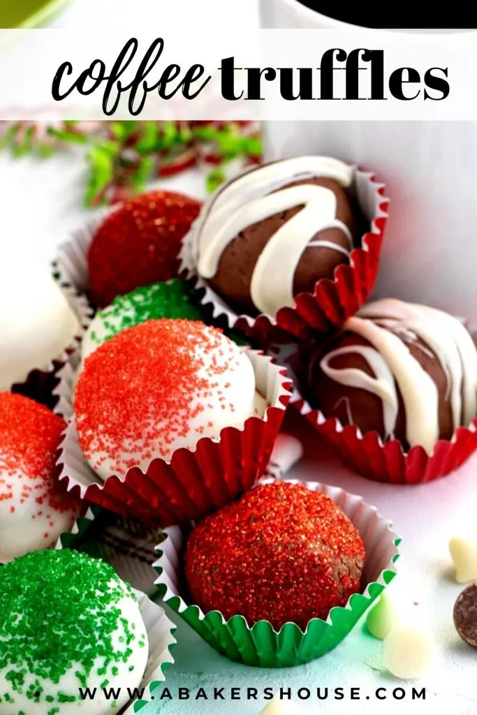 close up of red, green and white chocolate drizzled mocha truffles on white plate