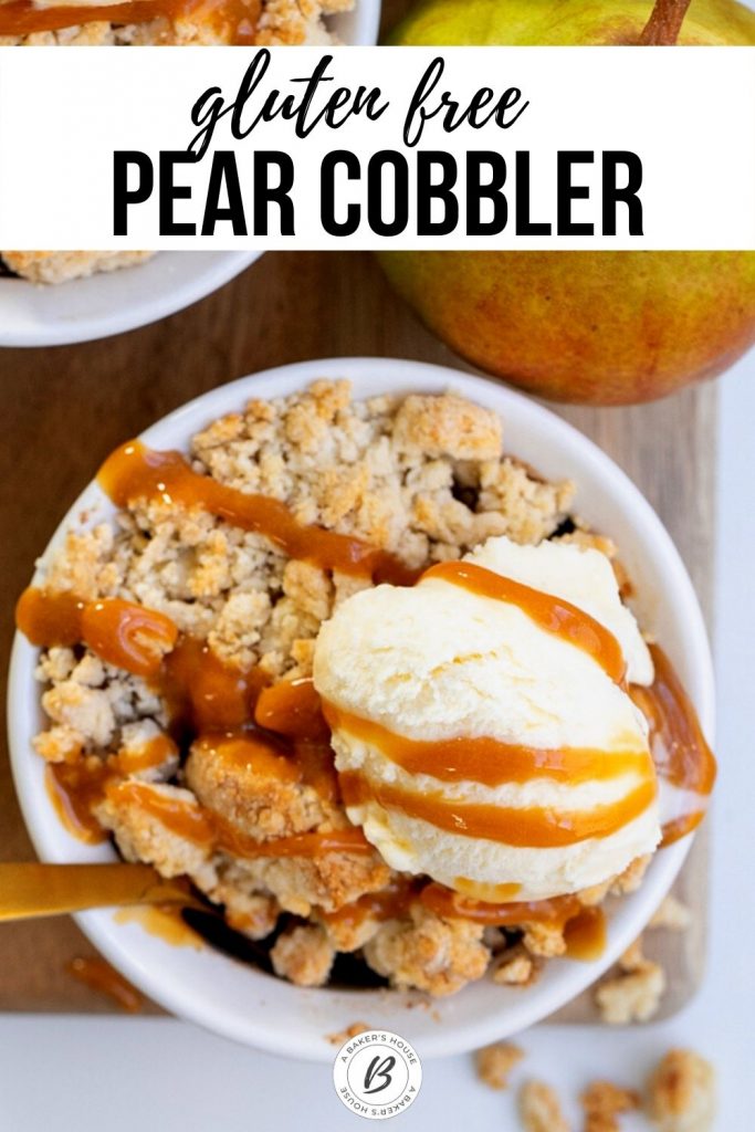 close up overhead view of gluten free pear cobbler with ice cream