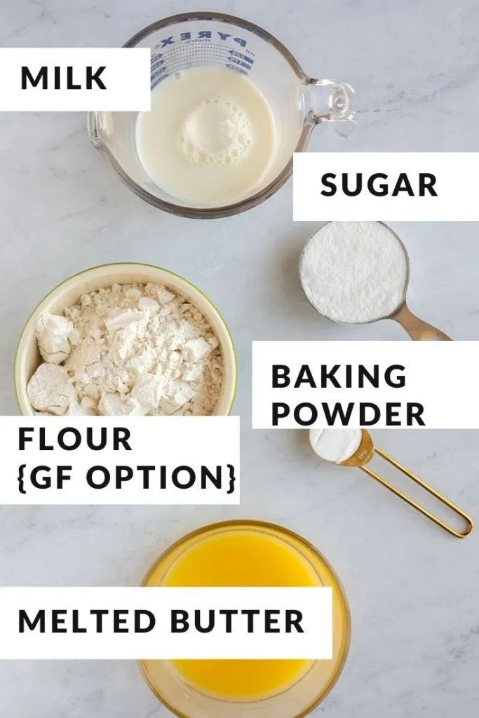 Ingredients for gluten free cobbler topping with gf flour, baking powder, sugar and melted butter