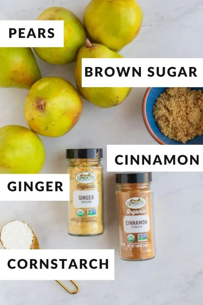 Ingredients for pear filling of pears, brown sugar, cinnamon, ginger and cornstarch