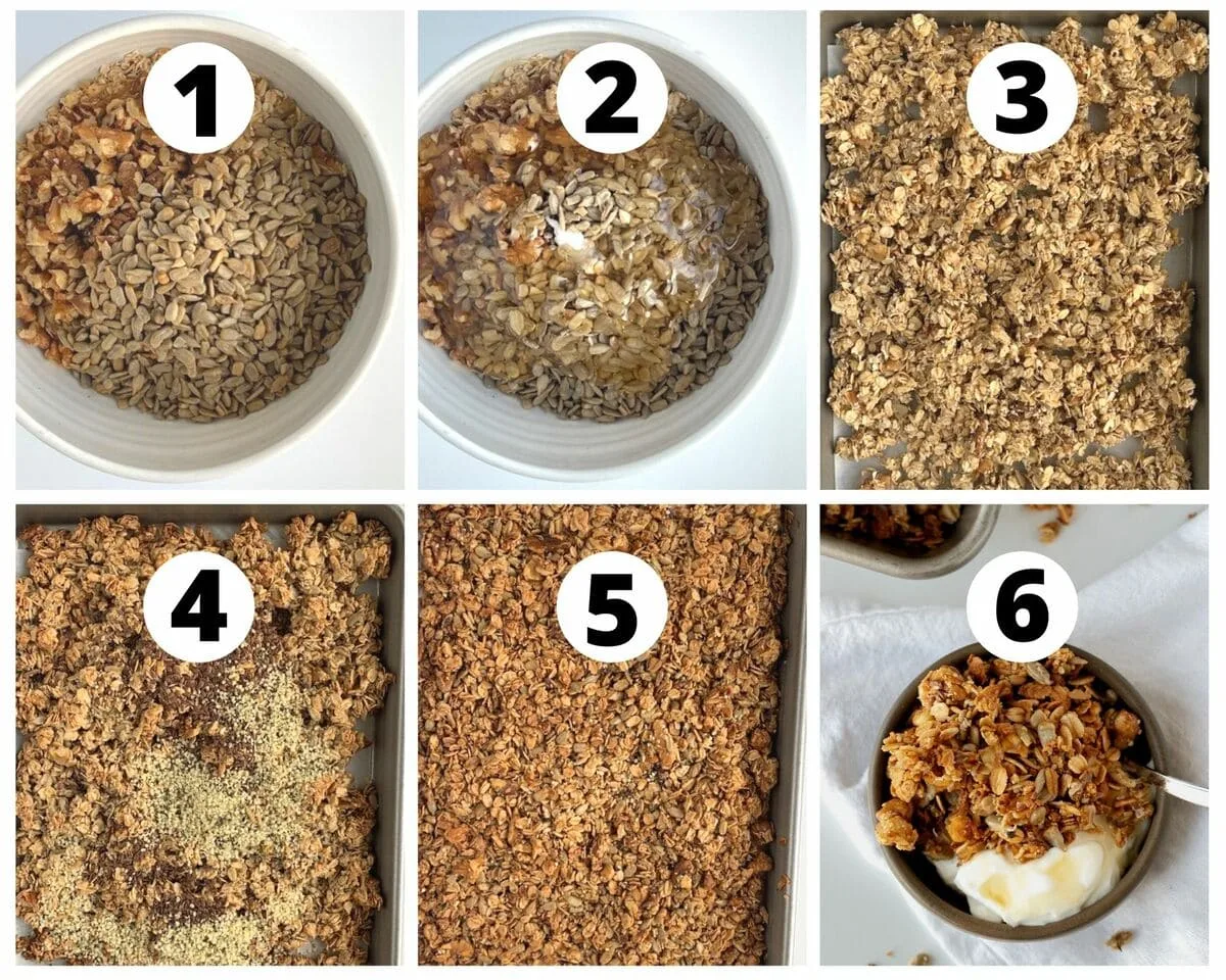 six step by step photos of how to make homemade honey granola